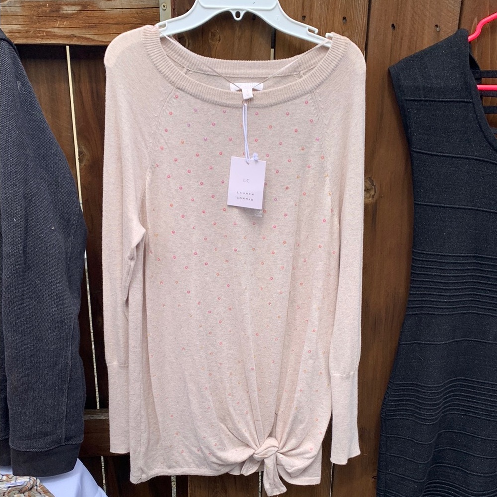 Women's Beige Oversized Sweater Size S with Pink Sequin Accents NWT